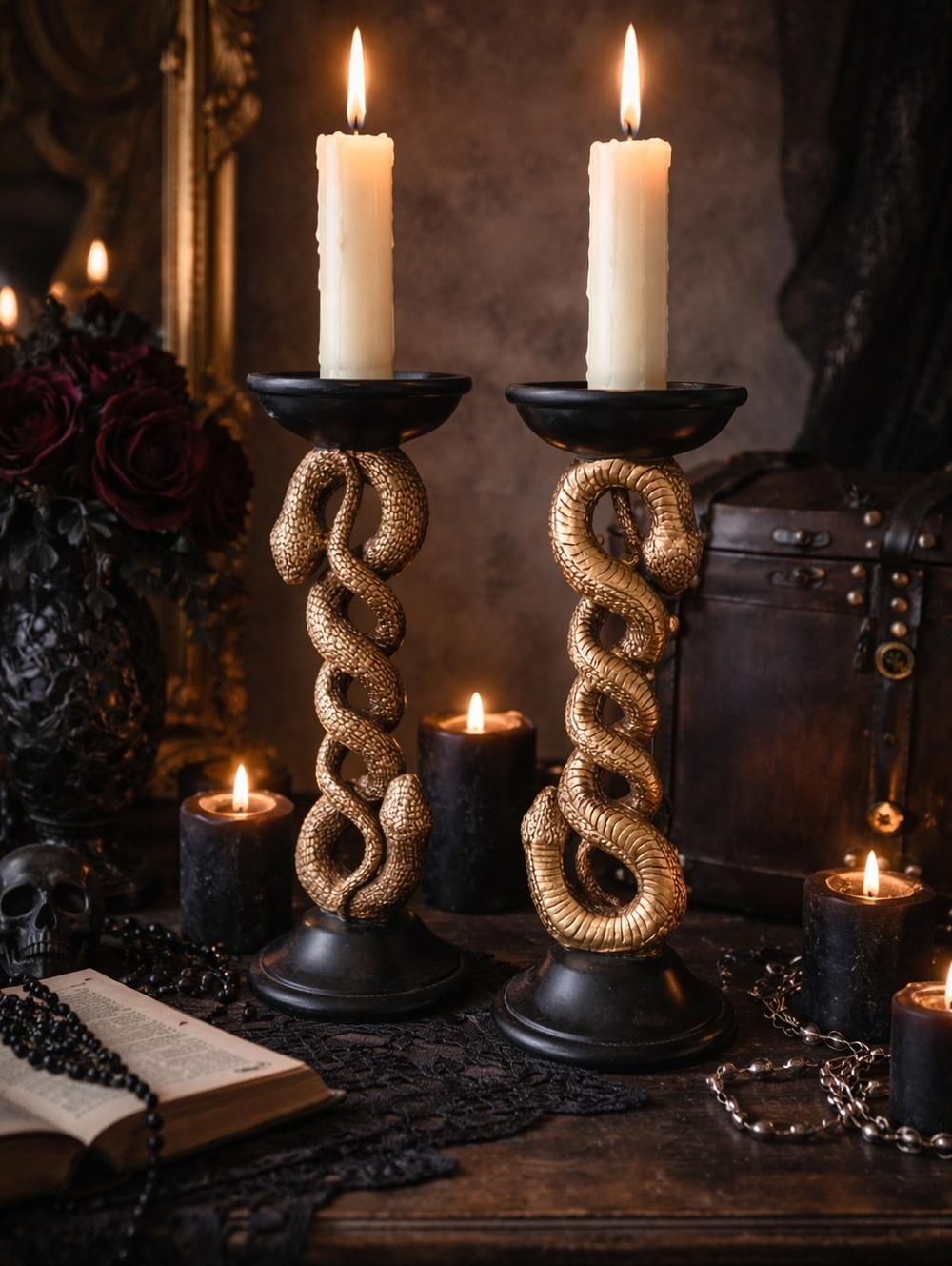 Set of 2 Gothic Snake Candlestick Holders – Gold Serpent Design / Black Base Dec